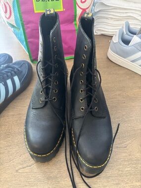 Dr. Martens Black Leather Lace-Up Platform Boots with Yellow Stitching